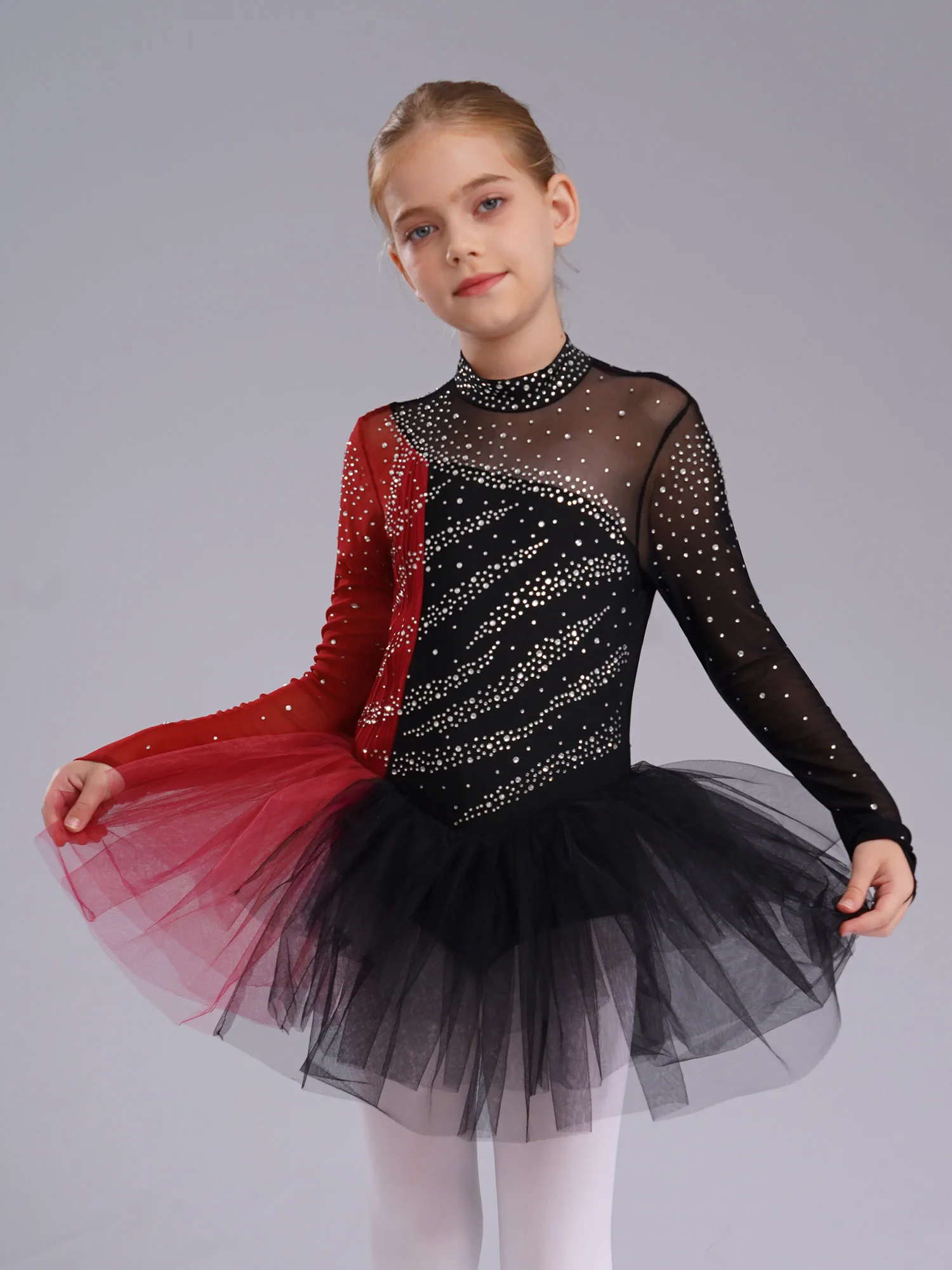 

Girls Shiny Ballet Dress Kids Figure Skating Gymnastics Performance Costume Long Sleeves Rhinestones Color Block Dress Dancewear