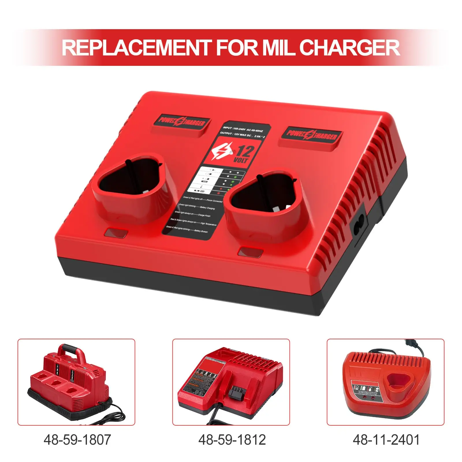 Zamiennik ładowarki Milwaukee 12V z dwoma portami do akumulatorów litowych Milwaukee M12 N12, modele 48-11-2401, 48-11-2420 — zdjęcie produktu 3