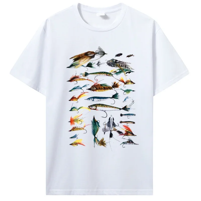 Vintage Fly Fishing Lures print funny gift T-Shirt Men Cotton O-neck Tshirt Hip Hop Tees Streetwear Harajuku