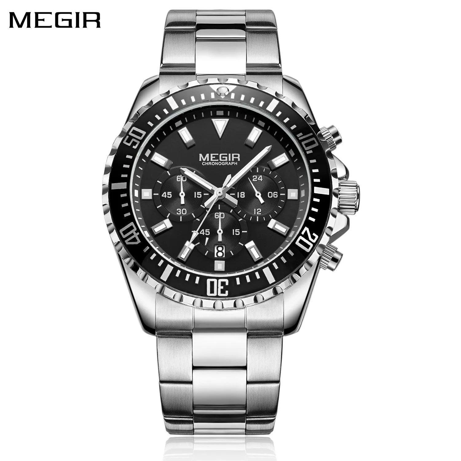 MEGIR Luxury Men Watches Sports Quartz Chronograph Stainless Steel Bracelet Large Dial Business Waterproof Luminous Date Clock