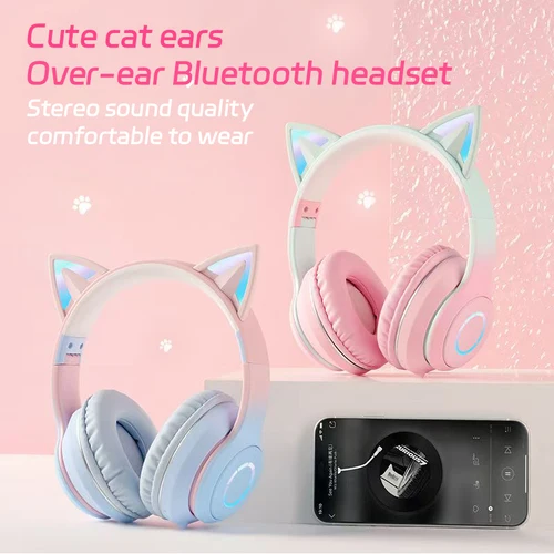 Bonitos auriculares con luz Bluetooth y gato, auriculares inalámbricos con Bluetooth y micrófono HD, auriculares estéreo Hifi para jugadores de música, regalos para niños