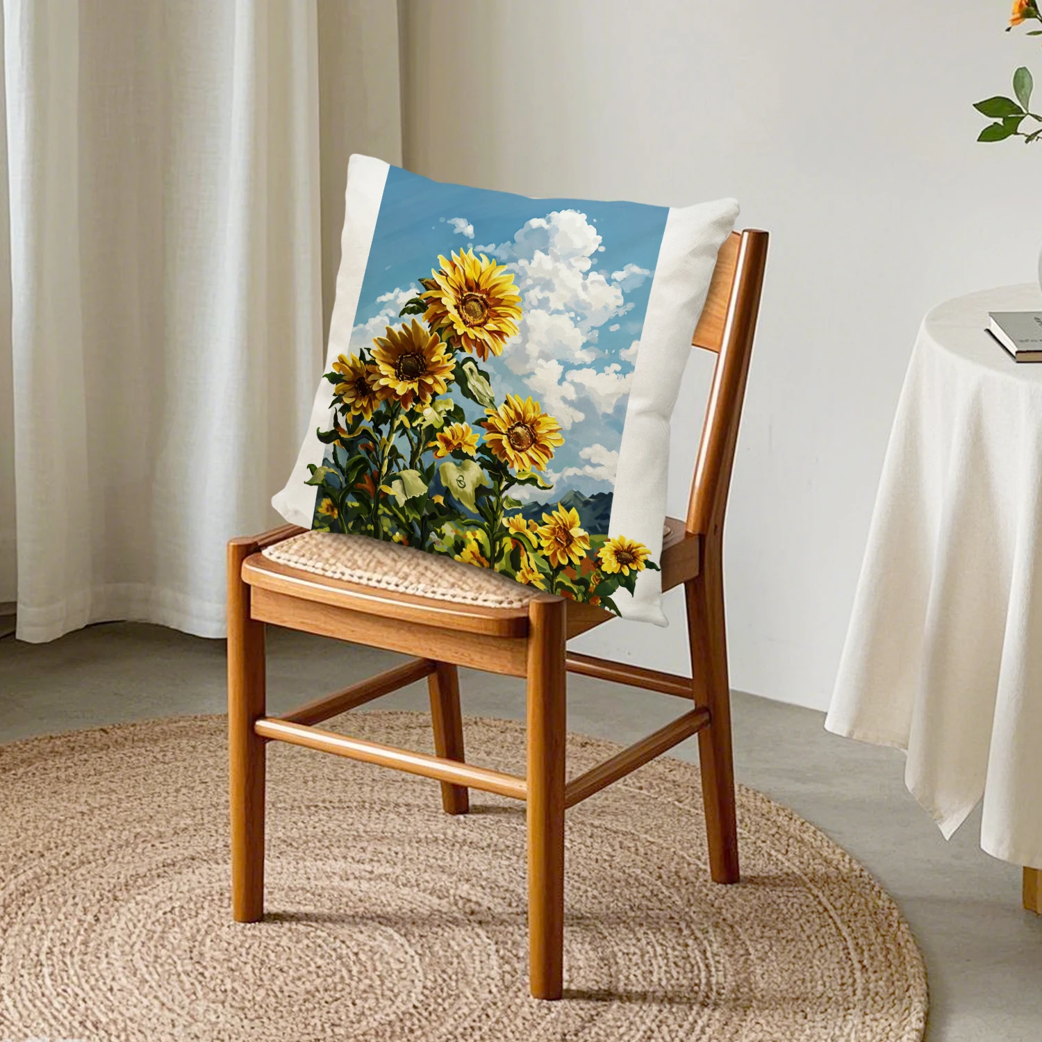 Sunflower Floral Cushion Cover Blue Sky Flower Country Garden Botanical Pillowcase Rustic Farmhouse Decor Living Room Sofa Patio