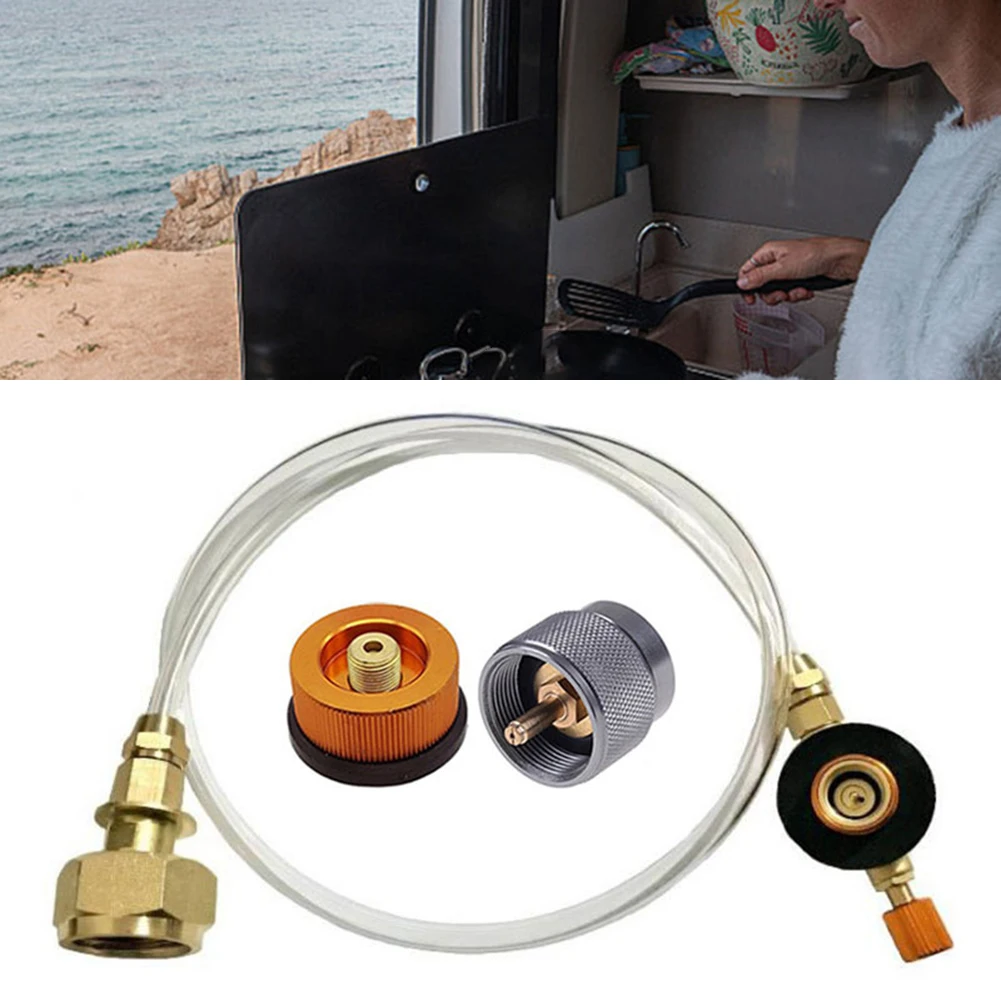 

Газовый адаптер для уличной печи для кемпинга с металлическими деталями шланга 70 см. Легкий и совместимый с различными кухонными принадлежностями.