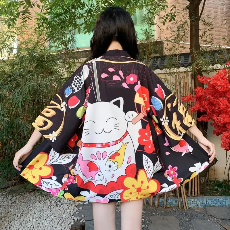 Summer Chinese Style Artistic Cartoon Maneki-neko Sun Protection Clothing Couple Loose Cardigan Improved Wa-style Japanese Women