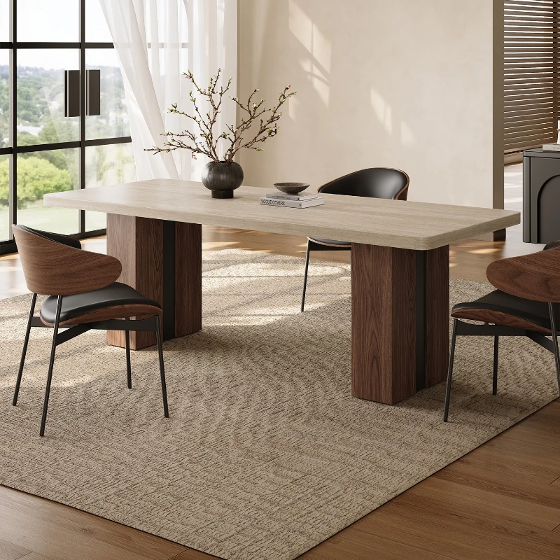 

French retro bottom hanging trapeze rock slab dining table New rectangular household dining table Medium