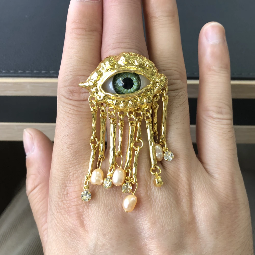 Women Vintage Eyes of Demon Ring Exaggerated Trendy Style Imitated Pearl Girls Devil\'s Eye Delicate Tassels Rings Jewelry Gifts