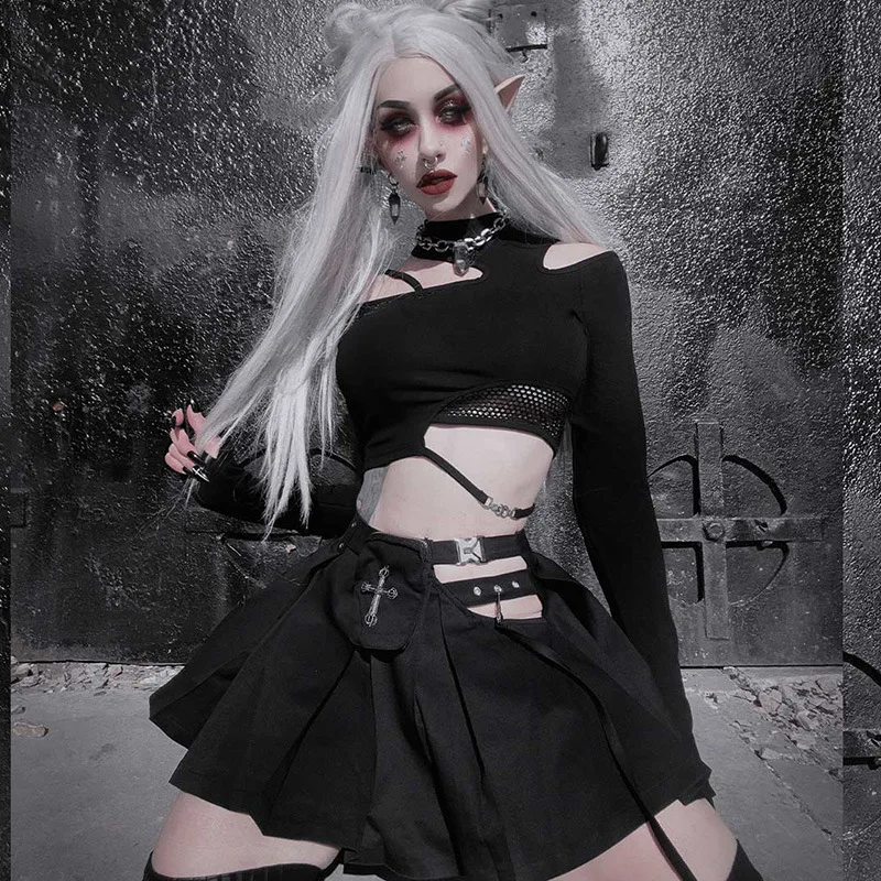 

2026 Spring Summer Womens Mesh Crop Blouse Shirts Sexy Black Gothic Crop Tops Hollow Out Punk Club Streetwear Tees Grunge Tops