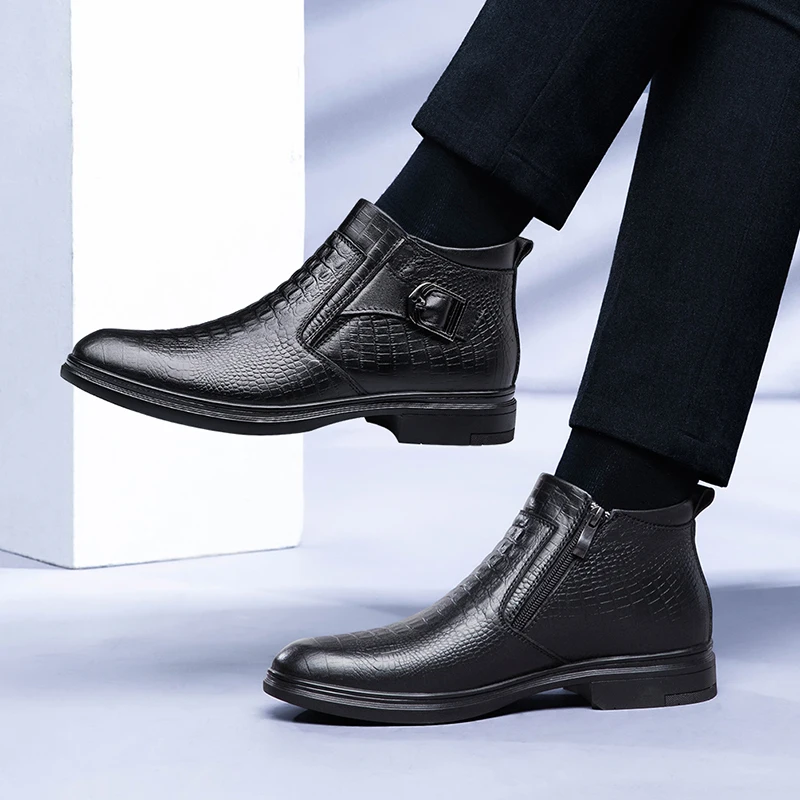 Botas de nieve de cuero genuino para hombre, botines formales de oficina, zapatos informales de diseñador, para Otoño e Invierno