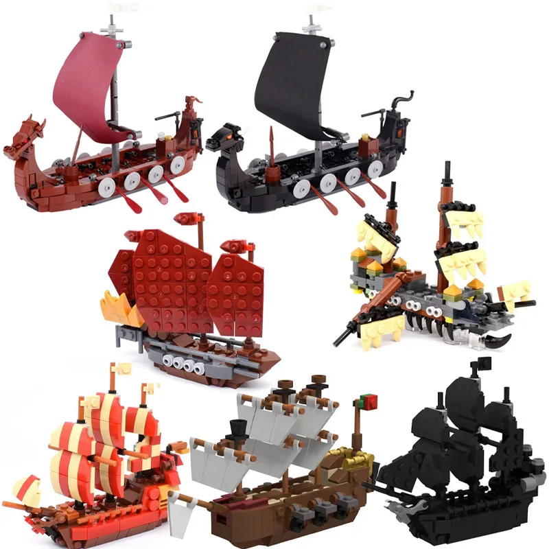 

Medieval Military Viking Ship Building Blocks Black Pearl Pirates Royal Navy Warship Dragon Boat MOC Castle Bricks Kids Gifts