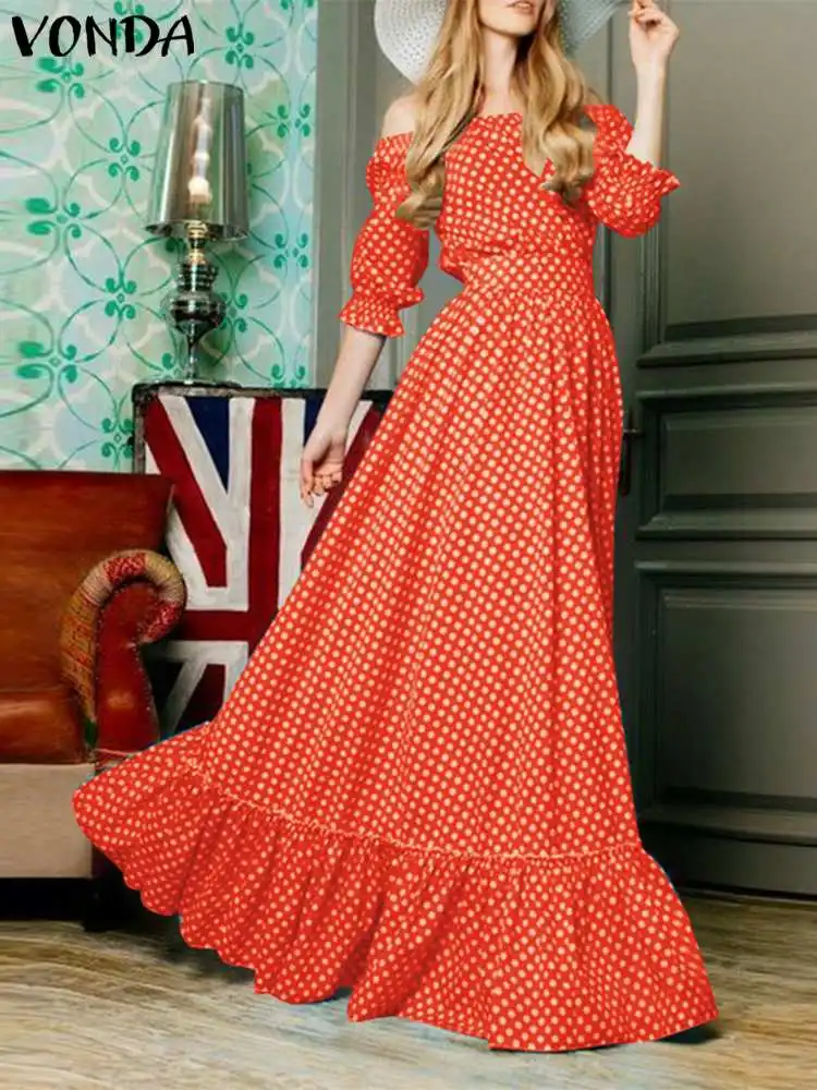 

Plus Size 5XL VONDA Bohemian Polka Dot Maxi Dress Summer Women Off Shoulder Long Sundress Half Sleeve Loose Casual Printed Robe