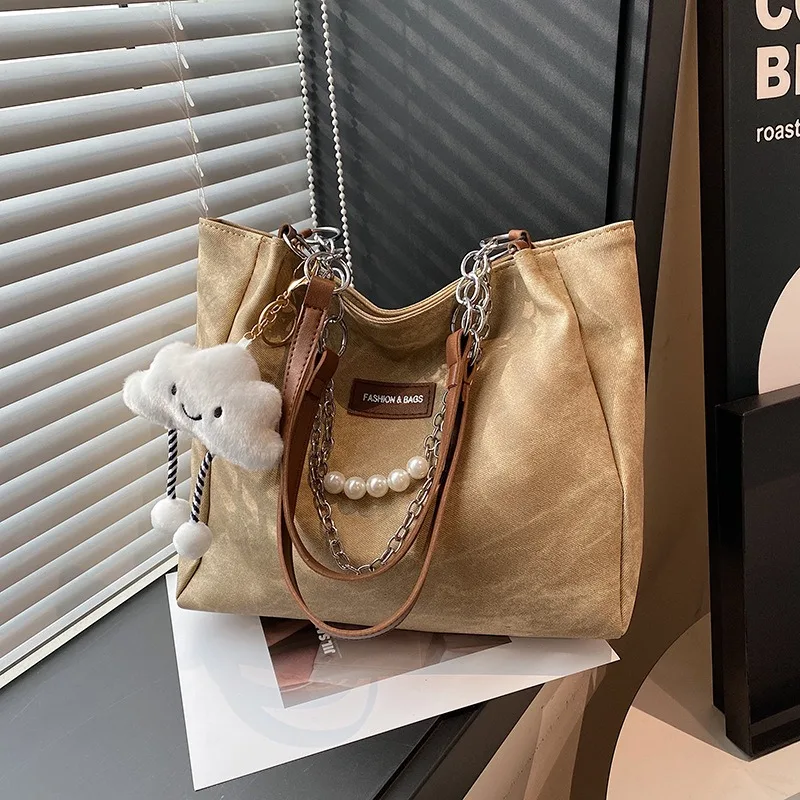 Women Tie Dye Denim Shoulder Bag with Cloud Pendant Pearl Chain Casual Daily School Handbag Shoulder Bags for Women's Totes Bags