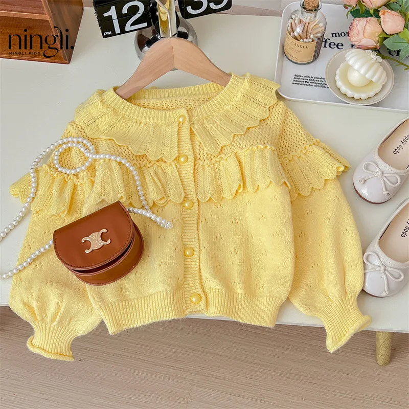 

Girls Knitted Coat Spring and Autumn New Top Fashion Girl Baby Cardigan Yellow Sweater Korean Sweet Style Clothes Coat