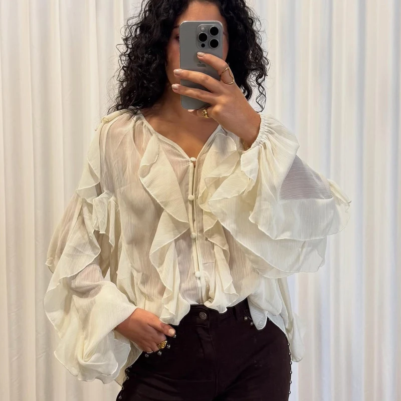 Womens Thin Blouses 2025 Spring Women's Fashion Flowy Layered Decorated V-Neck Long Sleeve Shirt Trendy Chic Casual Formal Wear