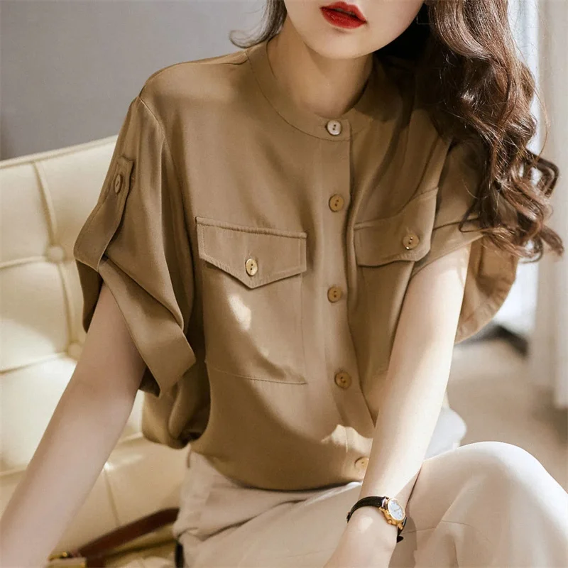 Summer Top Solid Color 2024 New French Shirt Chiffon Shirt Women's Short Sleeve Design Covering the Belly Shows Thin Top Blouser