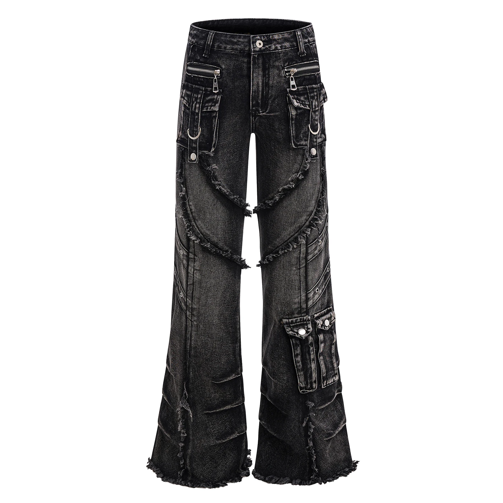 

Men's Distressed Flare Cargo Jeans Vintage Washed Frayed Edge Slim Ripped Denim Pants Streetwear Y2k Black Flared Jean 2026