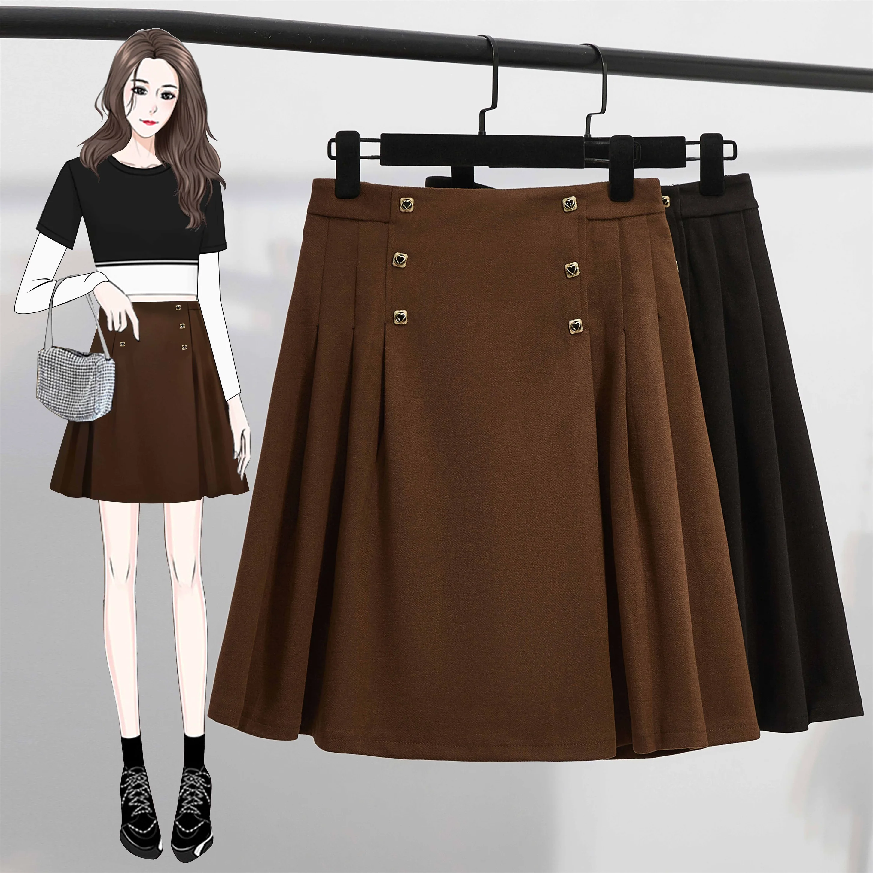 

Плюс размер, осенне-зимняя шерстяная клетчатая юбка с высокой талией, юбка-миди трапециевидной формы, утягивающая двубортная юбка для женщин