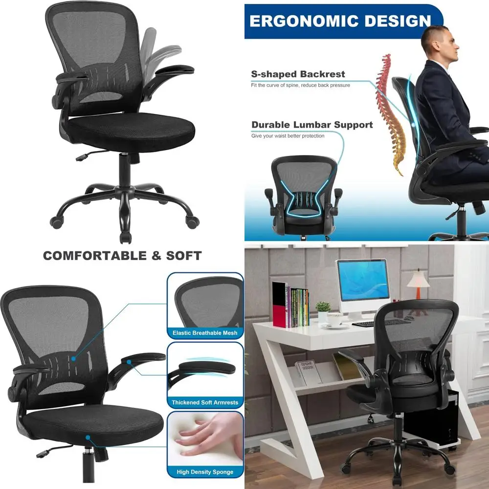 Ergonomic Mesh Chair for Home Office Desk, Adjustable Height with Lumbar Support and Flip-up Armrests, Black