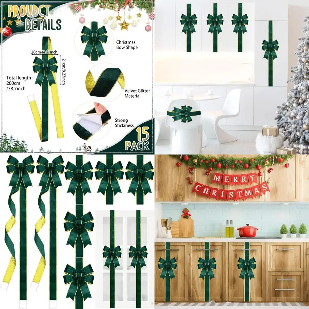 

15 Pack Large Glittery Velvet Christmas Bows for Holiday Decorations, Burlap Door Trim, Tree Accents, Kitchen Gift Wrap (Green)