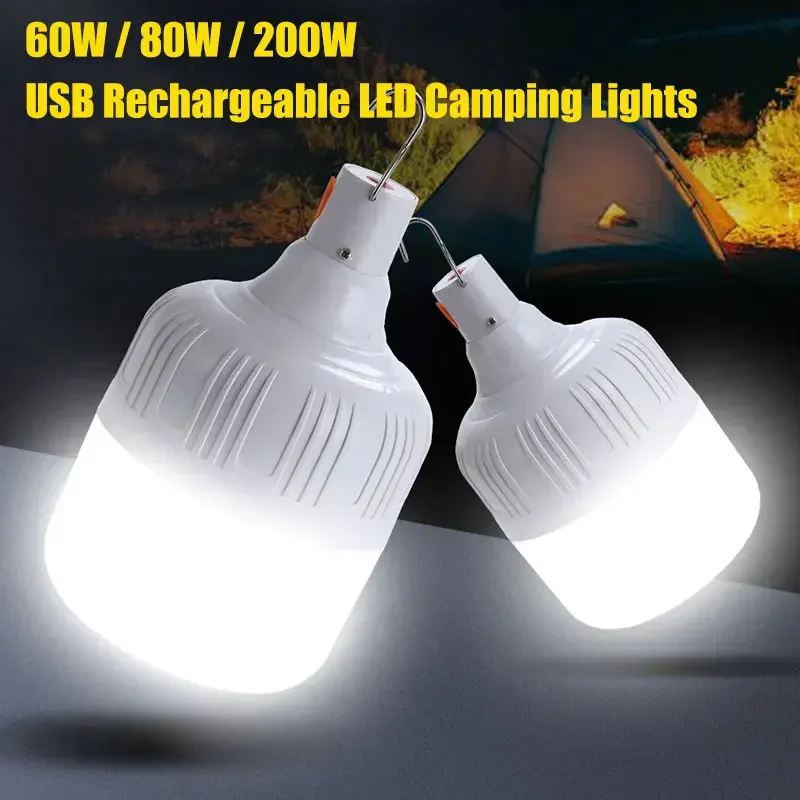

Portable LED Camping Rechargeable 60W/80W/200W Lamp Bulb High Bright Outdoor Emergency Lighting Fishing Tent Night Light