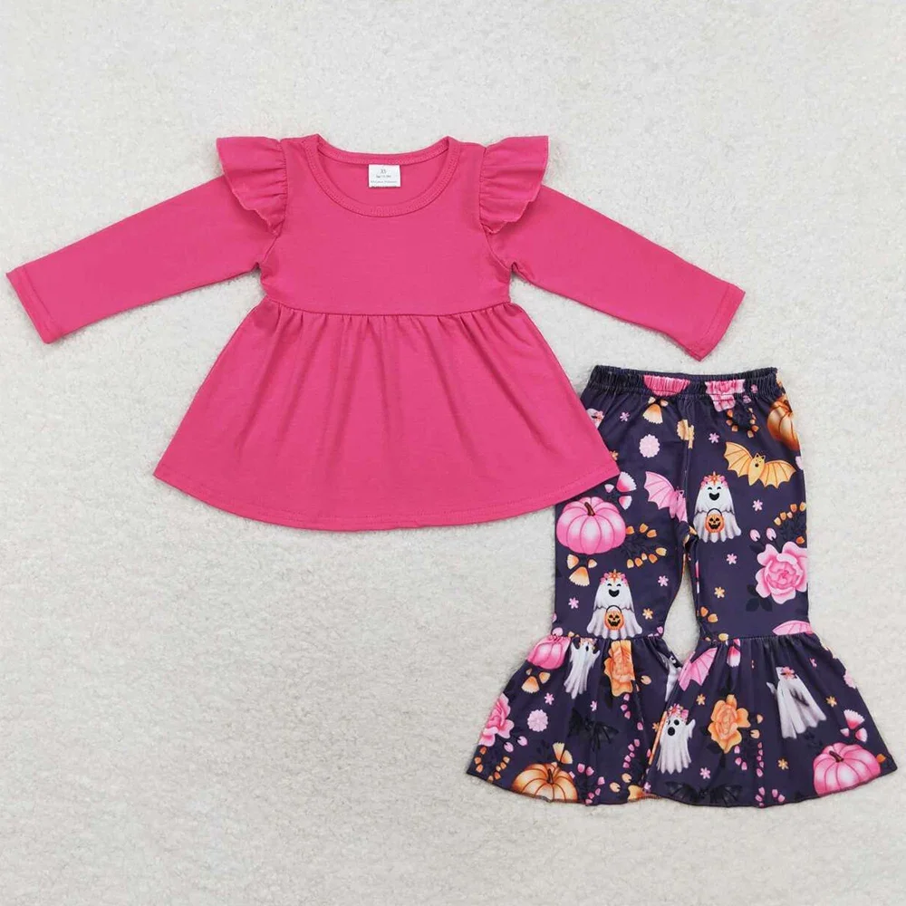 

Ярко-розовый топ с длинными рукавами и брюками, комплект из двух предметов, детская одежда на Хэллоуин с принтом тыквы