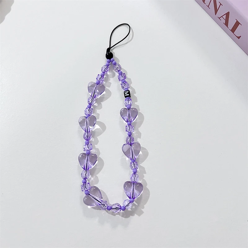Y2K Love Heart Bead Phone Lanyard Simple Clear Beads Phone Strap Keychain Anti Lost Phone Chain Wristband Camera Charms