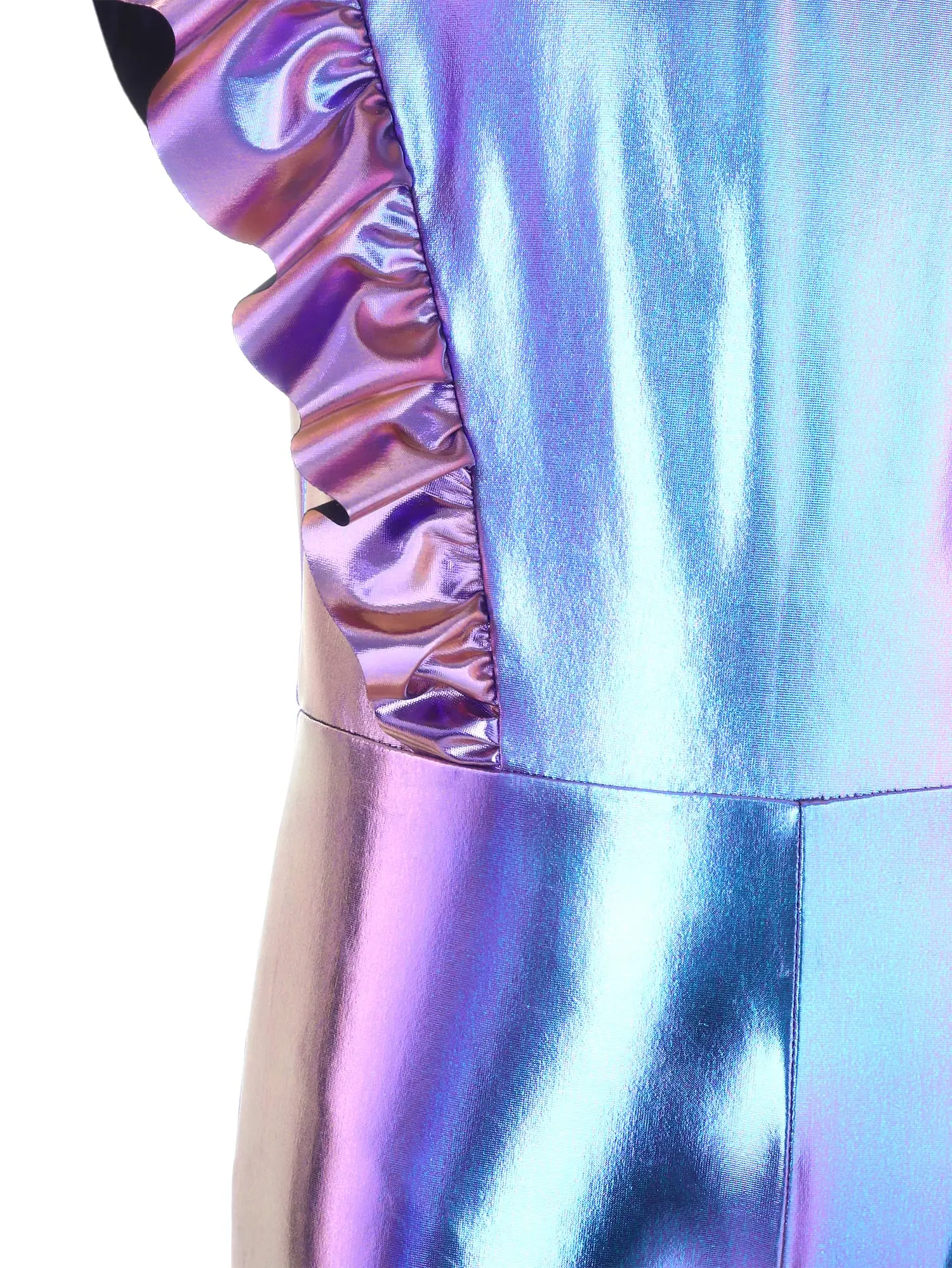 

Kids Girls Metallic Gloss Alien Costume Dance Unitards Ballet Gymnastic Ruffled Sleeve Zip Jumpsuit Leotard for Halloween Party