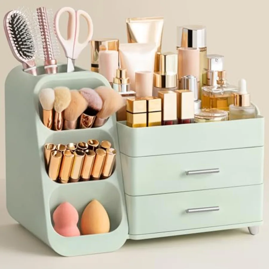 

Органайзер для косметики с держателем для кистей, большой пластиковый органайзер для ванной комнаты, для хранения средств по уходу за кожей, полностью зеленый, легко устанавливается на столешницу.