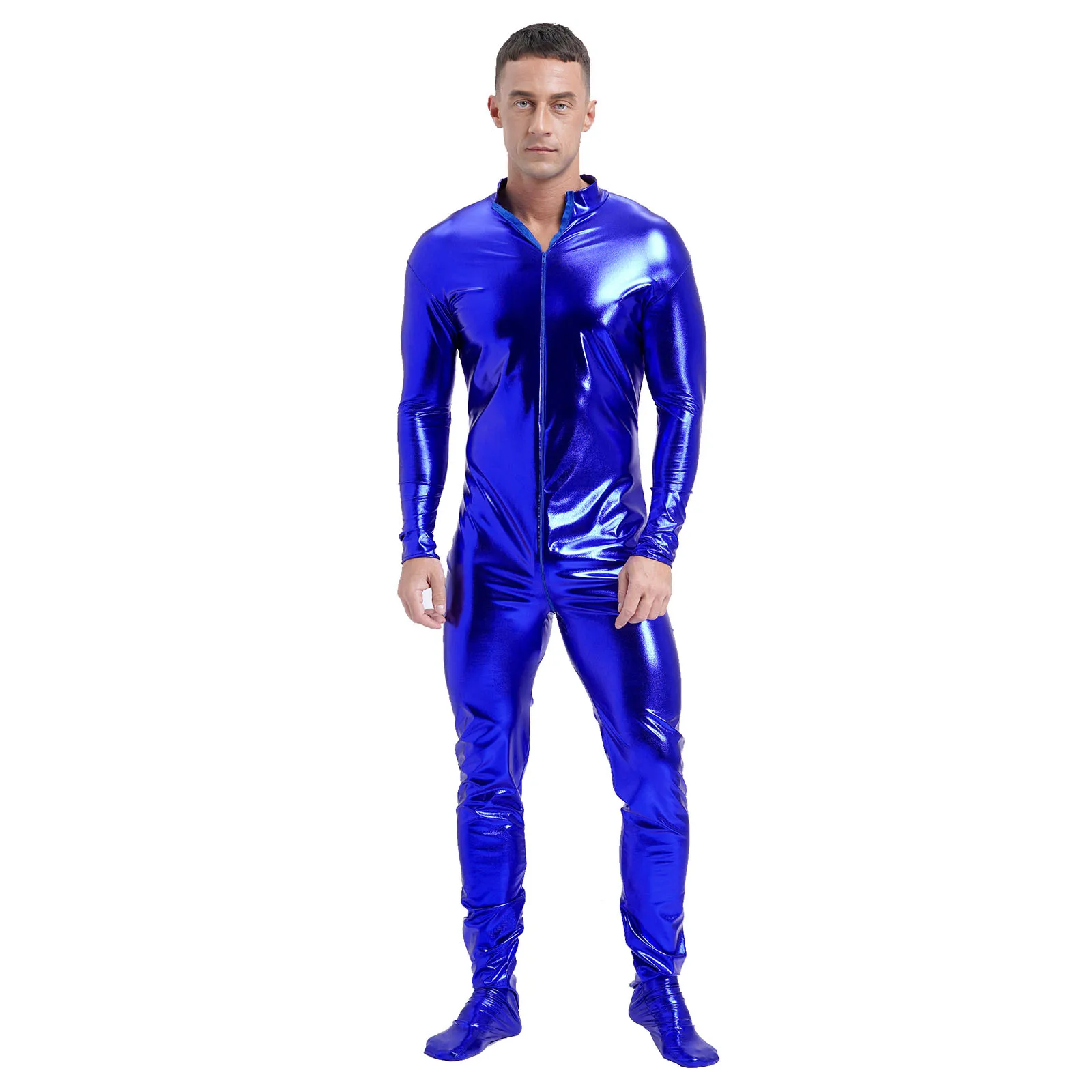 Macacão Zentai Metálico Brilhante Masculino Collant Manga Longa, Zíper Frontal, Unitard de Corpo Inteiro, Meia-calça para Performance, Clubwear de Palco