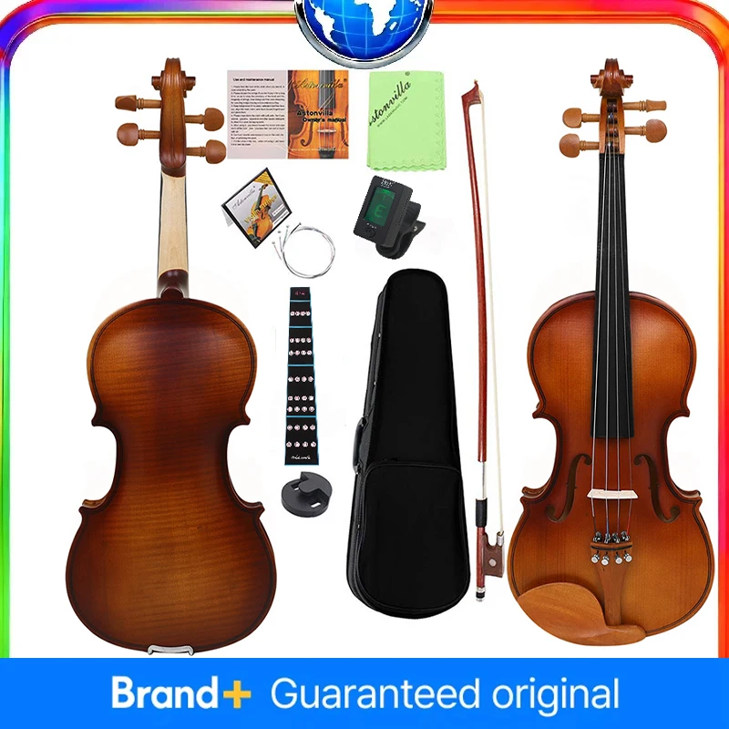 كمان للمبتدئين من Astonvilla AV-213 - كمان من خشب الزيزفون المصفح بنمط شريط النمر وتركيبات خشبية كمان بالحجم الكامل 4/4 كمان