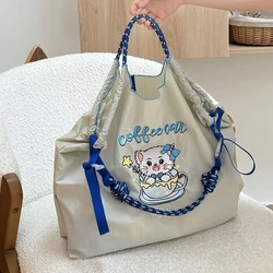 Cartoon Cat Printed Tote Bags for Women Cute Embroidery Shoulder Bag Large Eco Bag Rope Nylon Shopper Purses Designer Handbags