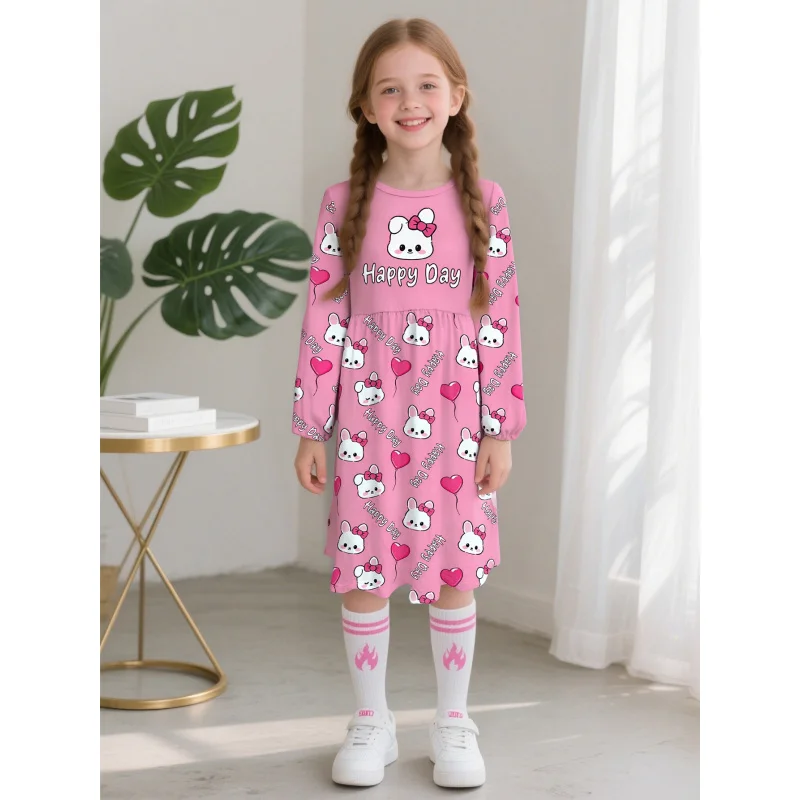 

2026 Girls Cute Cartoon Rabbit Print Long Sleeve Dress Children's Casual Fashion Clothing