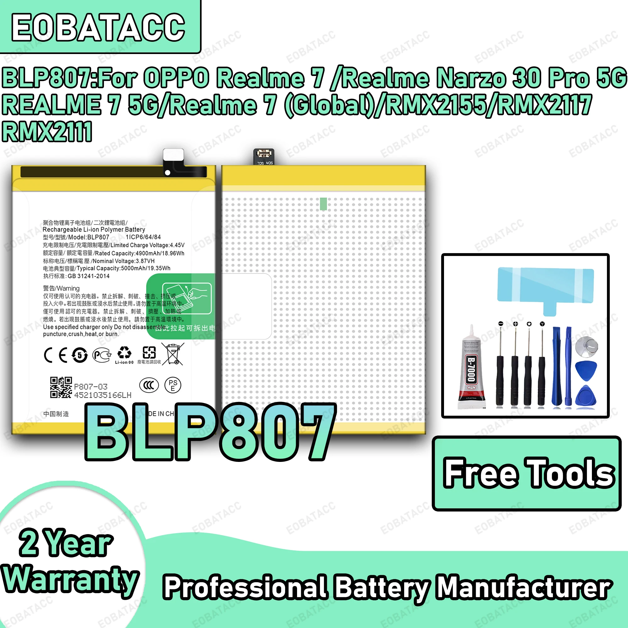

100% New Zero Cycle BLP807 Battery For OPPO Realme 7/Realme Narzo 30 Pro 5G/REALME 7 5G/RMX2155/PMX2117 Replacement Battery Bate