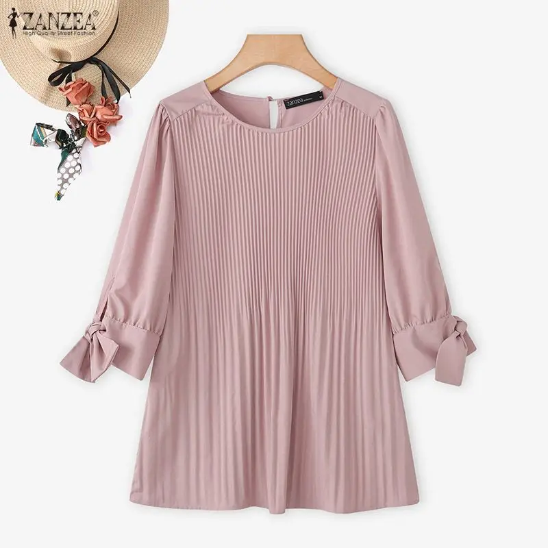 Blusa de Moda para Mujer ZANZEA, Verano, Manga 3/4 Abullonada, Camisas Sólidas, Elegantes Blusas de Oficina para Mujer, Túnica, Primavera 2026, Blusas Plisadas para Mujer