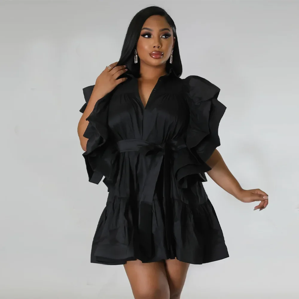 Women Ruffles Flare Clock Sleeve Turn-down Collar Front Button Smock Babydoll Big Swing Dresses 2024 INS Street Dress