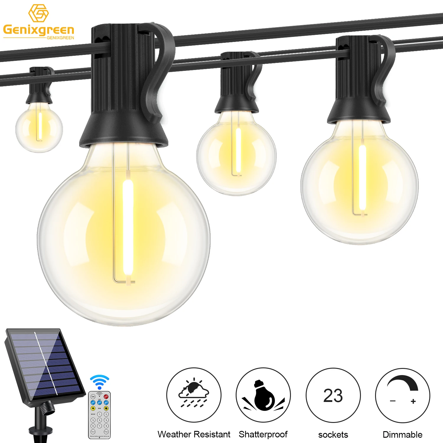 

Dimmable Solar String Light Outdoor G40 Solar Powered Lights with Remote Shatterproof Solar LED Hanging Lights for Bistro Porch