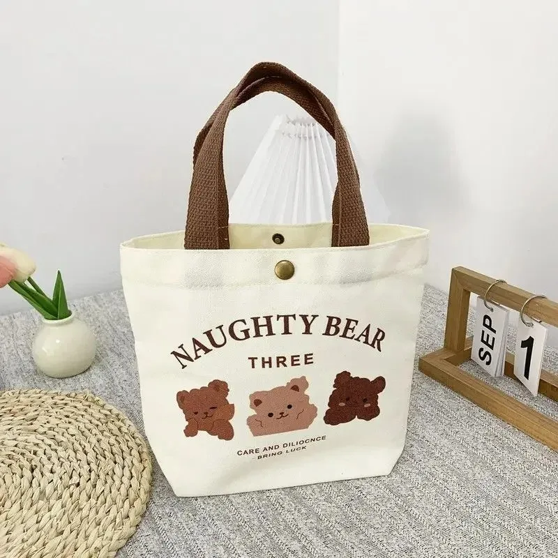 Bear Canvas Mini Handheld Tote Bag  Cute Women Portable Lunch Bag Small Student School Handbag Ideal Gift Bag