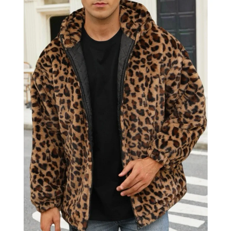

Men's Clothing Faux Fur Color Leopard Print Coat Bestseller for Jacket with Plush Color Contrast Warm Thick Leopard Print Jacket