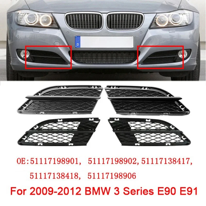 

ABS Black Car Front Bumper Fog Light Cover Lower Bezels Grille for 2009-2012 BMW 3 Series E90 E91 51117198901 51117198902