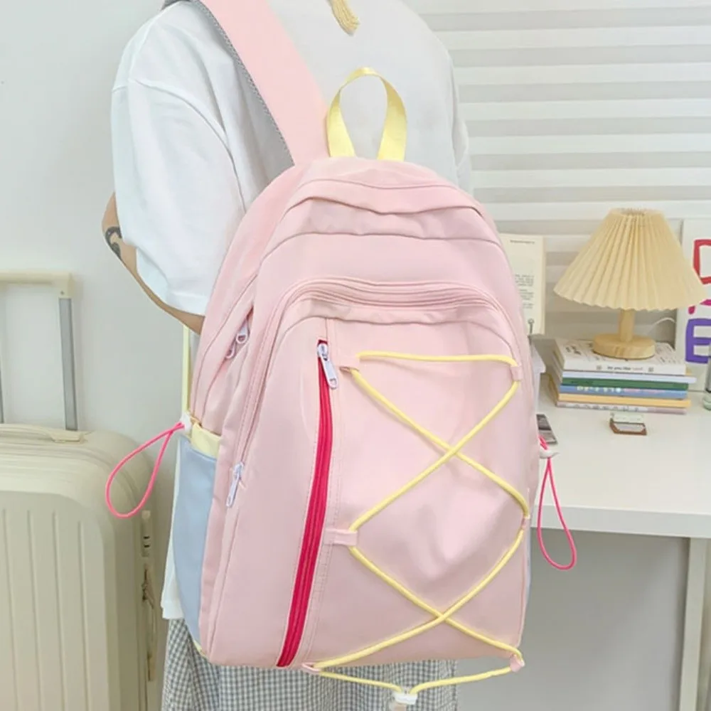 Multi-pockets Drawstring Backpack Solid Color Dopamine Student School Bag Large Capacity Cloth Travel Rucksack