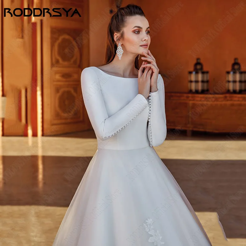 Roddsya civil cuello redondo vestido de novia de satén princesa sin espalda vestidRODDRSYA vestido de novia de satén con cuello redondo, vestido de novia de manga larga con espalda descubierta, apliques de tul, línea A