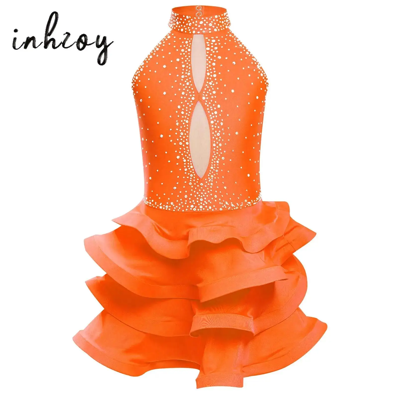 

Kids Girls Latin Dance Costume Sleeveless Backless Shiny Rhinestones Tiered Dress for Figure Skating Performance Latin Dancewear