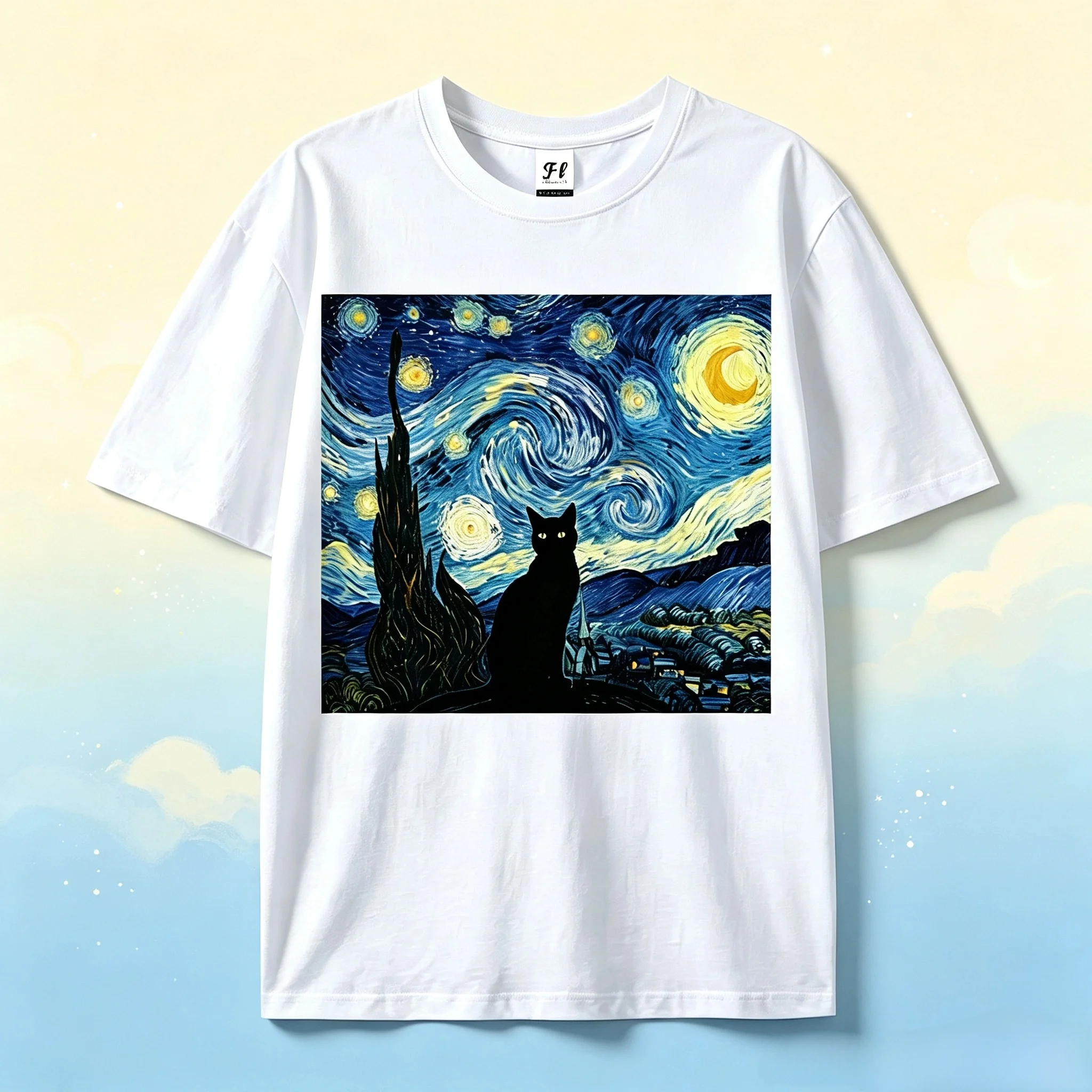 Vintage Van Gogh Starry Night Black Cat T Shirt Funny Art Painting Print Short Sleeve  Casual Unisex Street Style Tee Shirts