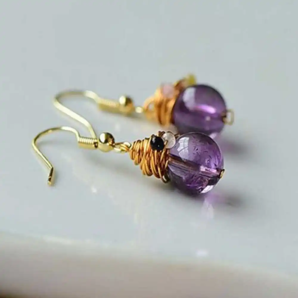 10MM Natural Amethyst Tourmaline Beads Earrings 18k Hook eardrop Diy Classic Wedding Lucky Aquaculture New Christmas