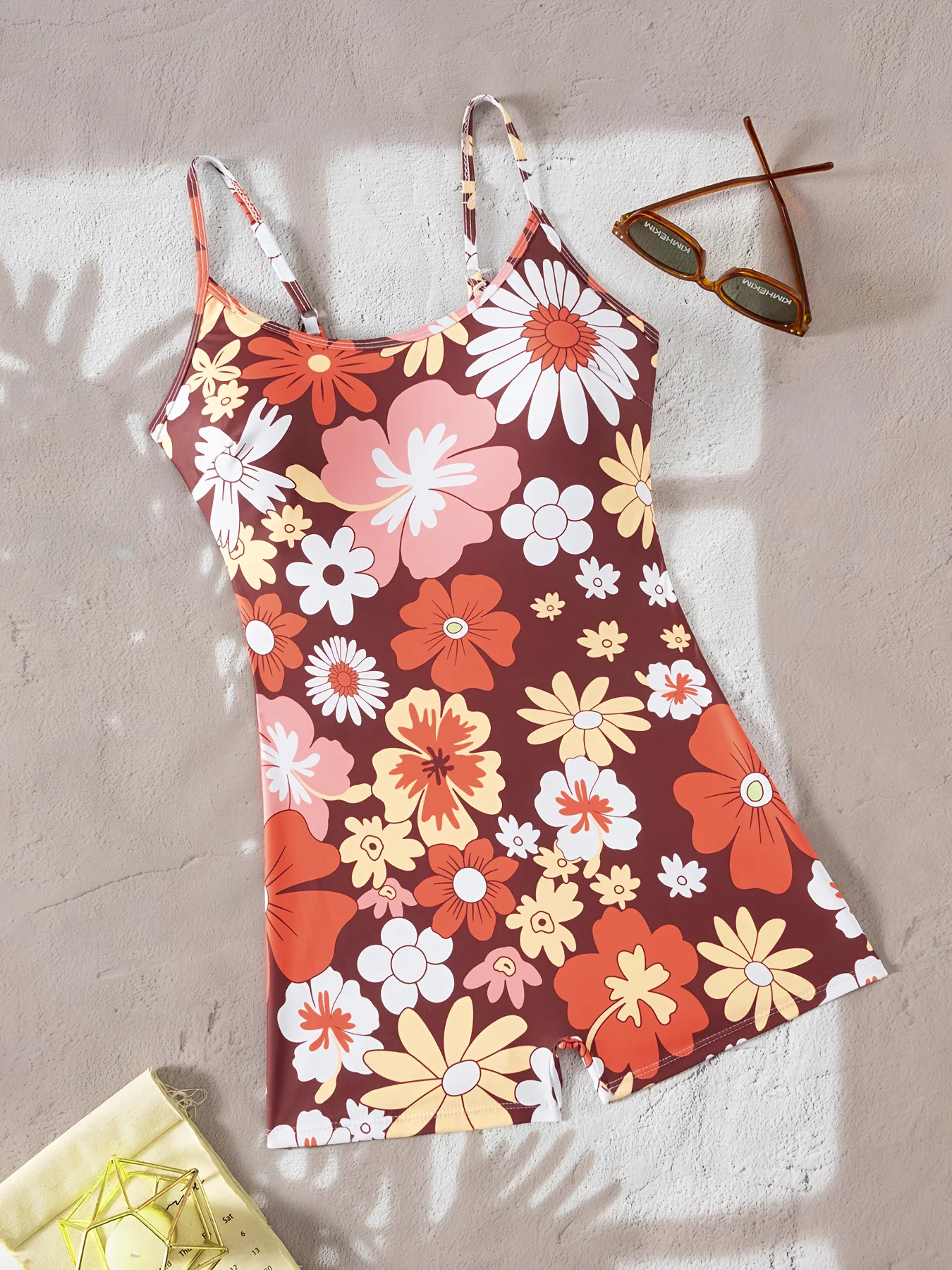Women's One-Piece Swimsuit with Cute Floral Print in Orange, Featuring a Sexy Backless Design and Square-Cut Bottoms - Image 3