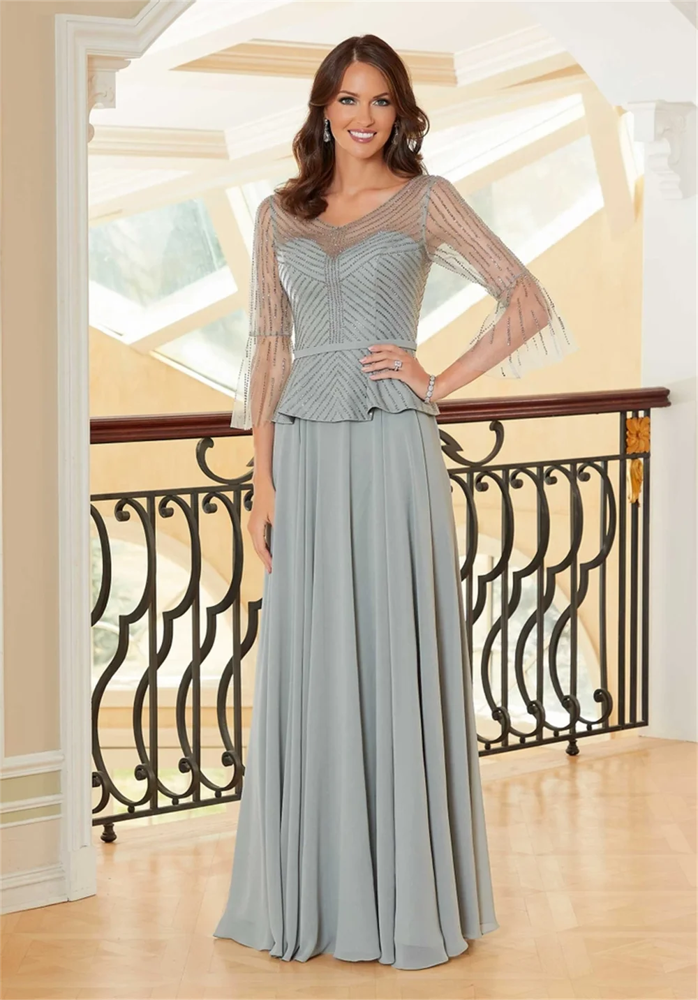 Elegant Chiffon A-Line Mother Of The Bride Dress 2023 Sexy Illusion V Neck Sheer Sleeves Formal Wedding Guest Evening Prom Gowns