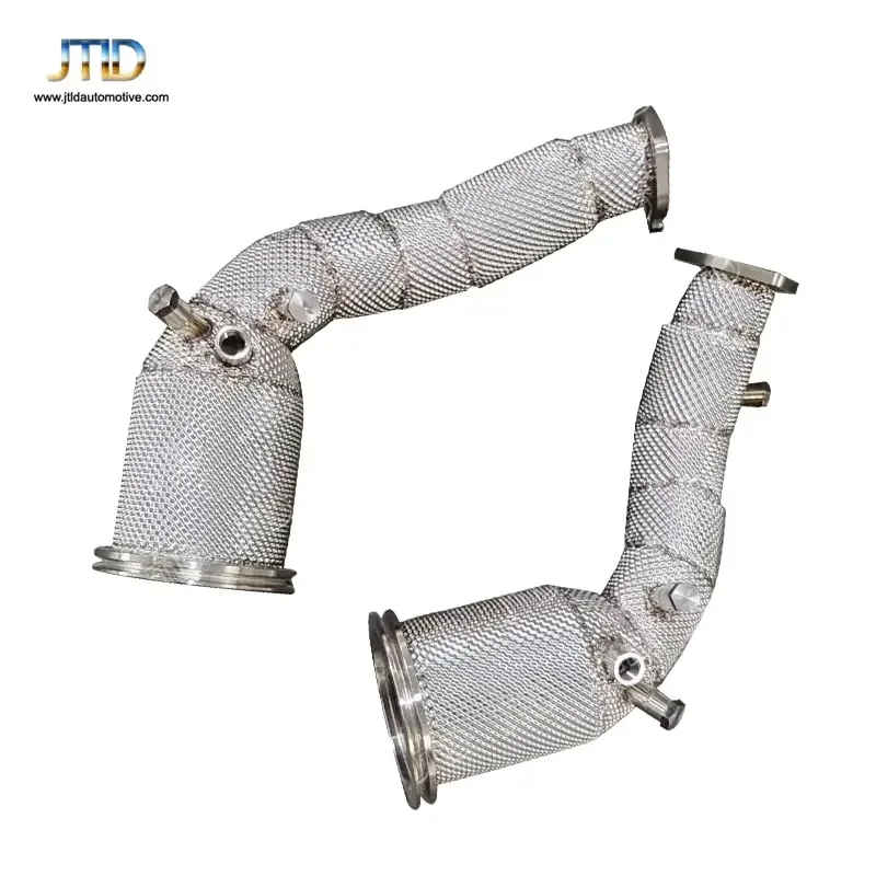 JTLD Stainless Steel Mirror Polished Performance Exhaust Downpipe with Heat Shield for 2021 Audi C8 RS6 RS7