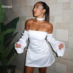 Qunque White Above Knee Prom Dress Cocktail Dresses With Detachable Long Sleeves Shawl Customized Homecoming Vestidos De Coctel