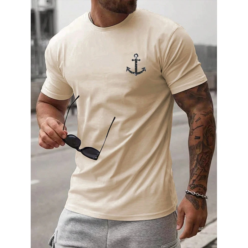 Fashion Anchor Print O-Neck Tshirt Men Casual Cotton Short Sleeve For Spring Summer Harajuku Female Loose Tee Streetwear Tops