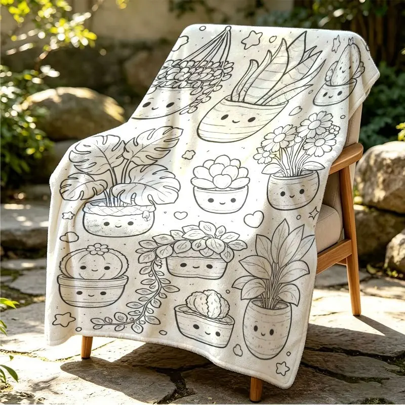 Line Art Cute Potted Succulent Houseplant Pattern Throw Blanket Soft Flannel for Kids Bedroom Sleeping Nook Warm Home Decor Gift