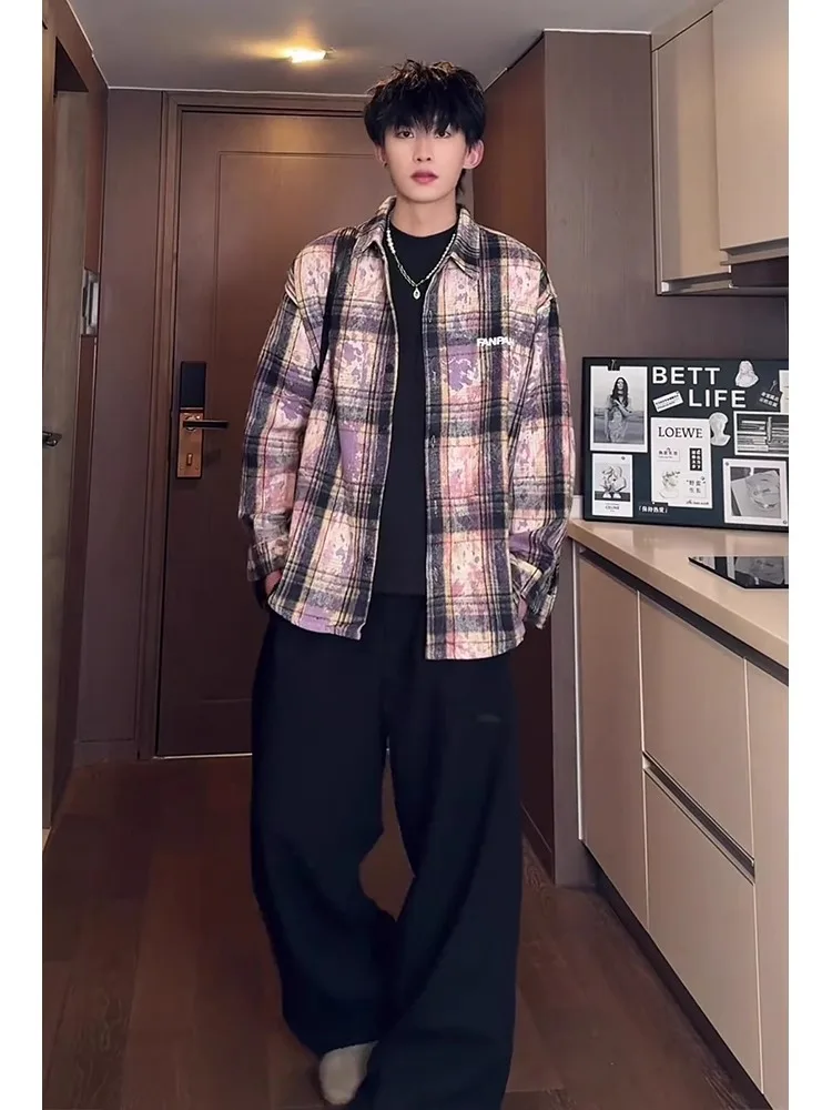 

American Retro Tie Dye Plaid Men's Shirt Spring New Style High Sensation Splashed Ink Design Versatile Shirt Jacket